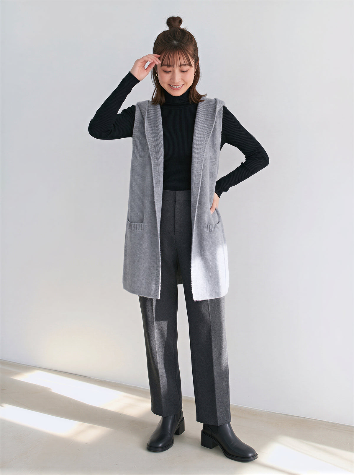 「秋季新品 」「3色」連帽開襟長版背心