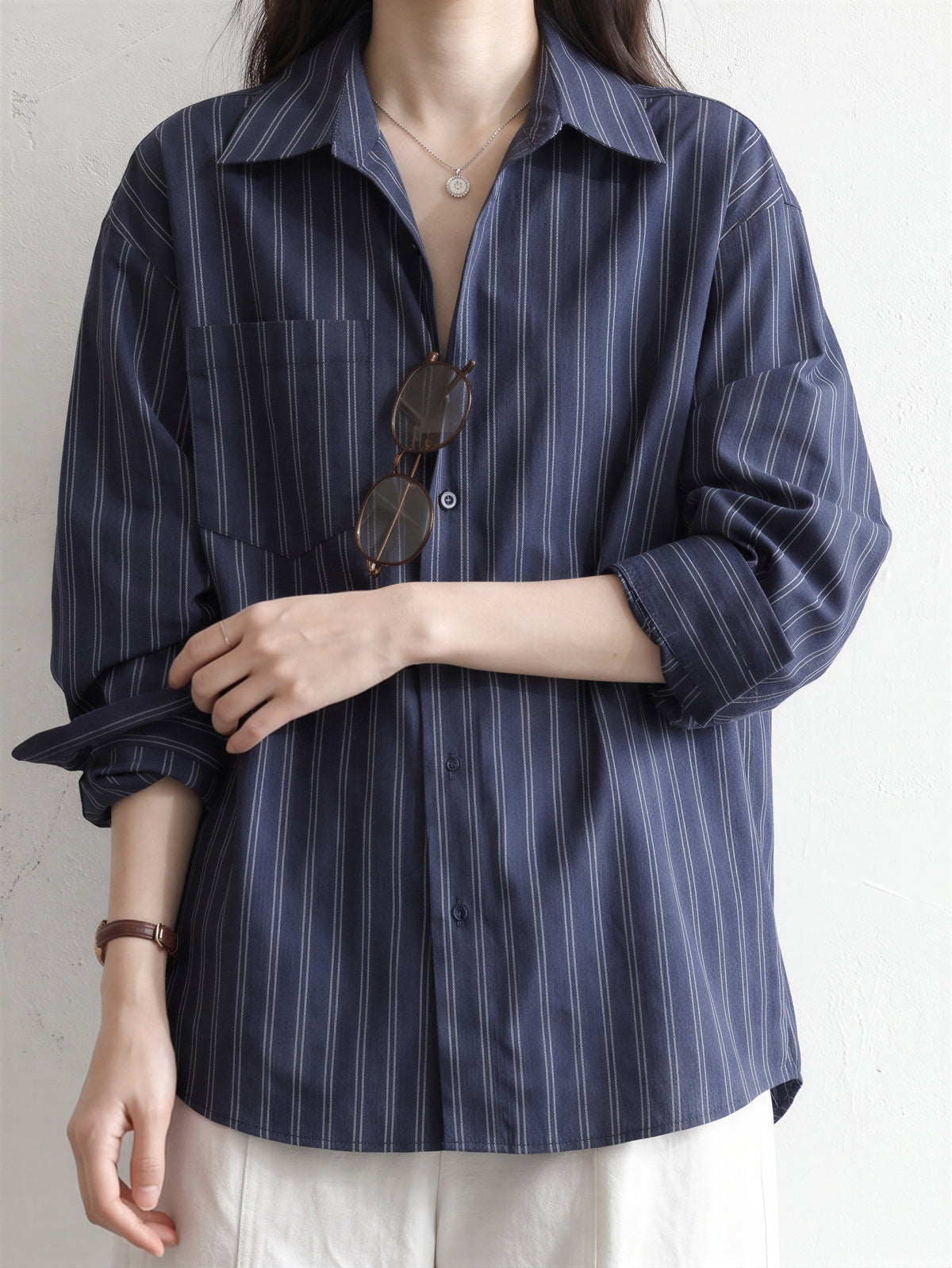 「兩色」「秋季新品 」S-XL 寬鬆條紋拼接口袋襯衫