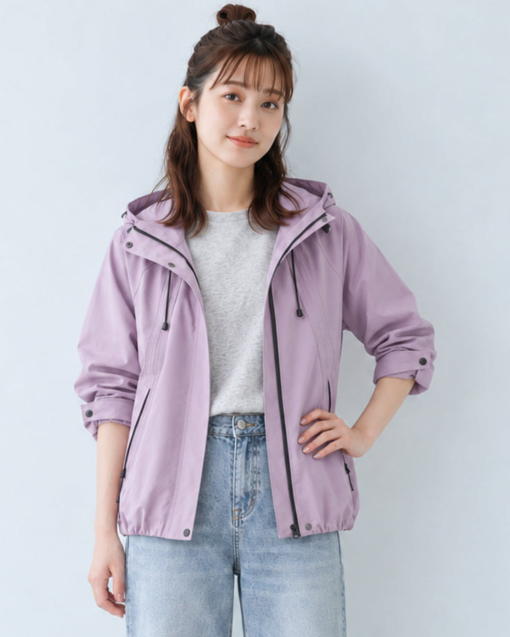 「秋季新品 」 S-XL 淺紫色 連帽抽繩寬鬆風衣