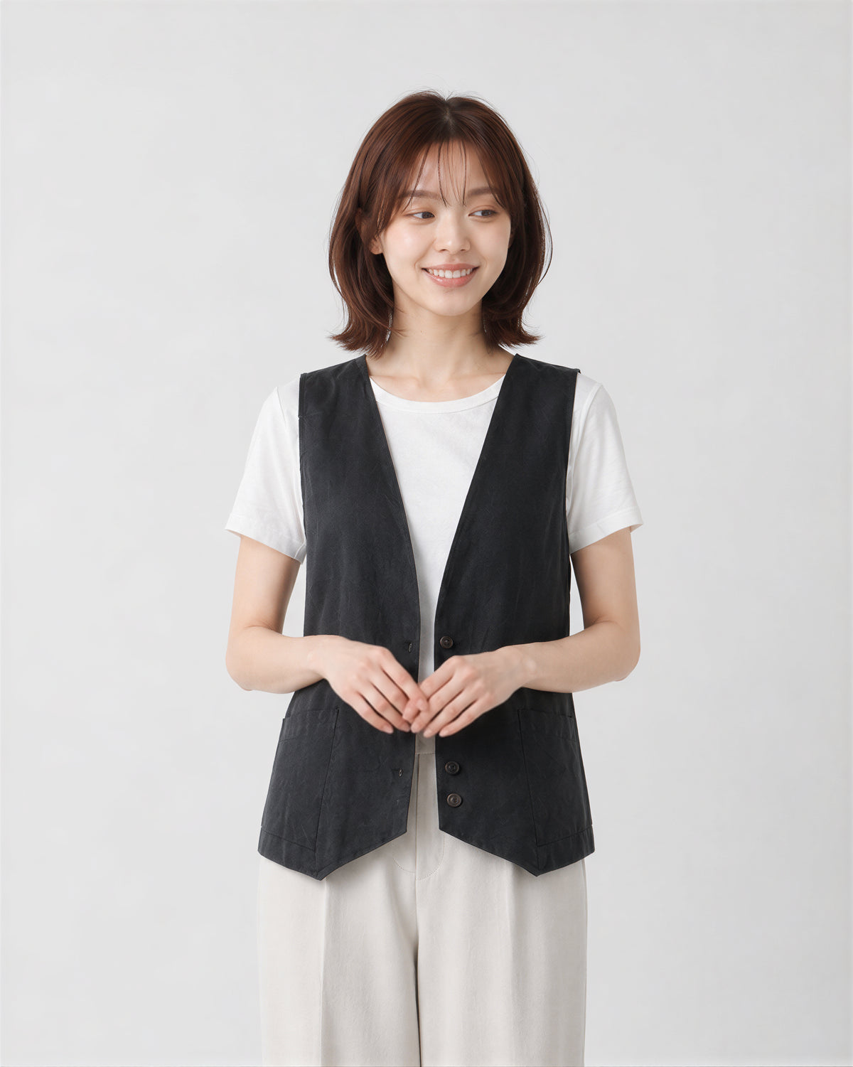 M-2XL 黑色深V排扣寬鬆背心