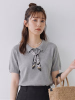灰色飄帶翻領短袖針織衫