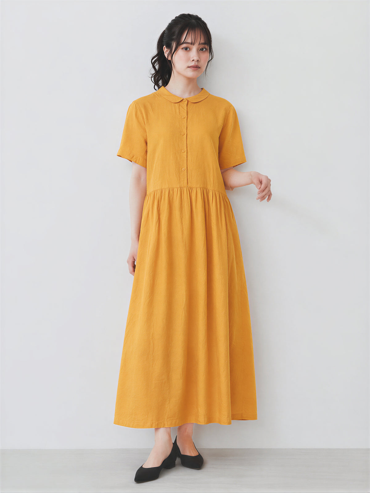 M-2XL 「兩色」立領排扣高腰褶襉長版洋裝