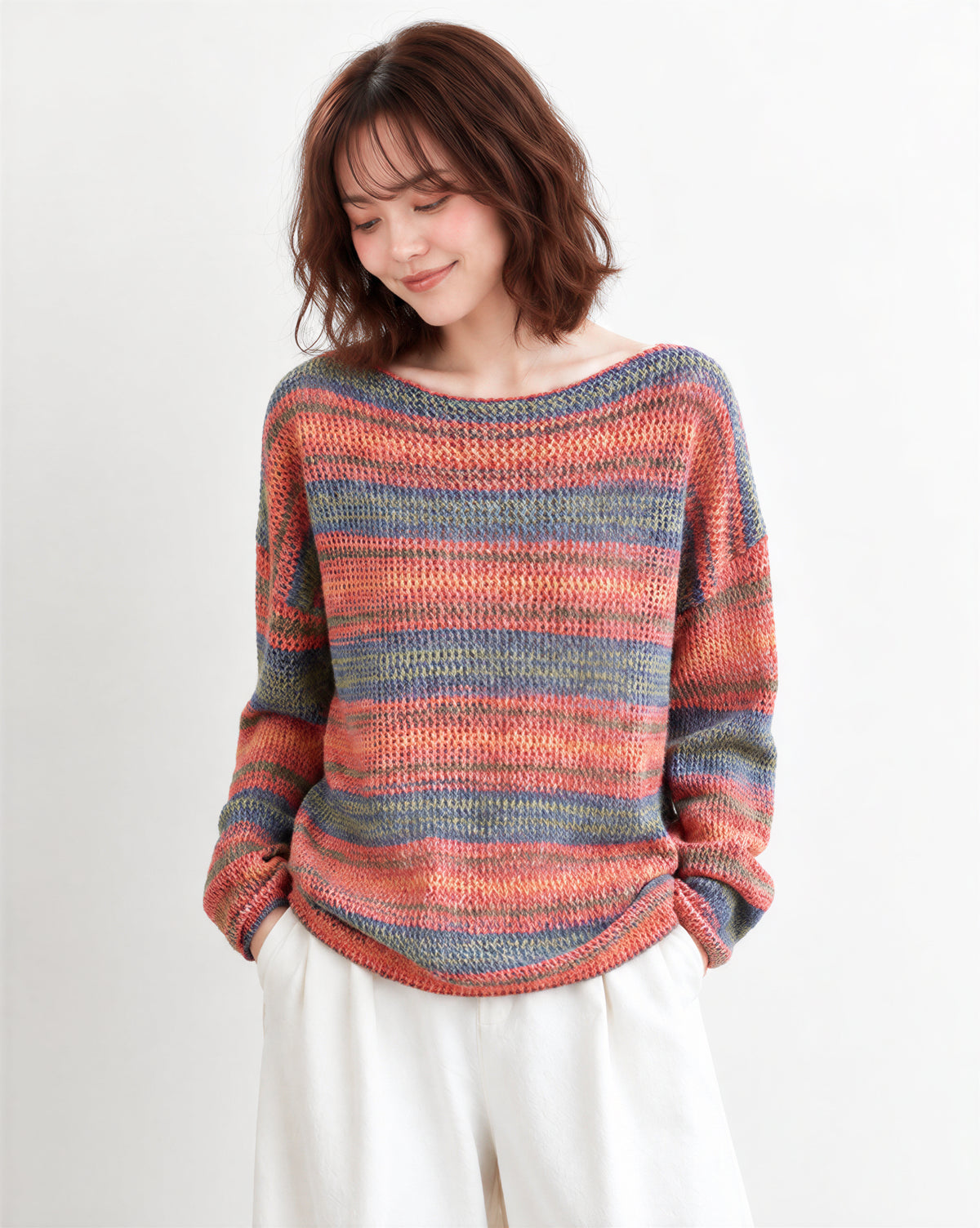 「秋季新品 」M-XL 彩條寬鬆落肩針織衫