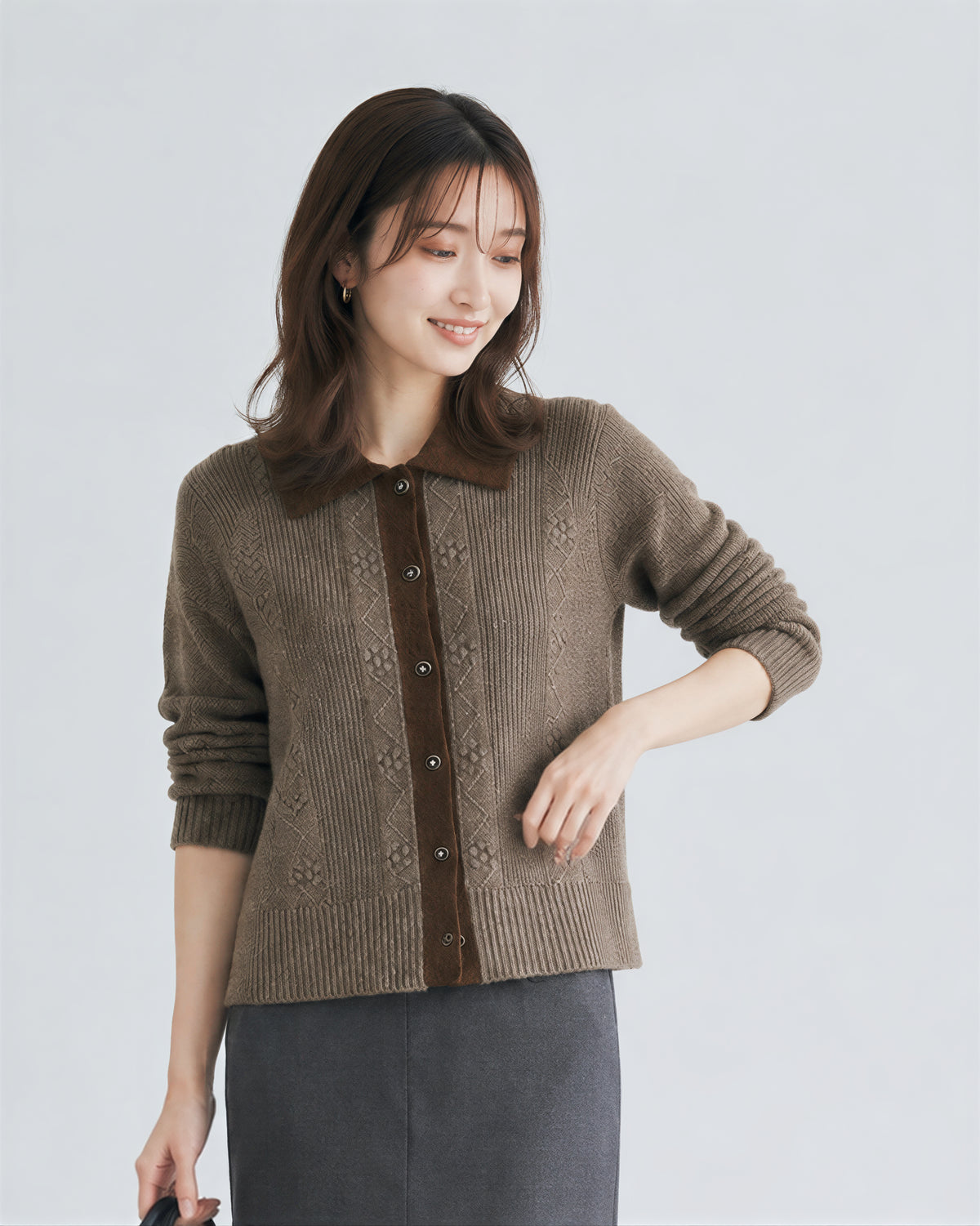 「秋季新品 」撞色翻領提花直紋針織開襟衫