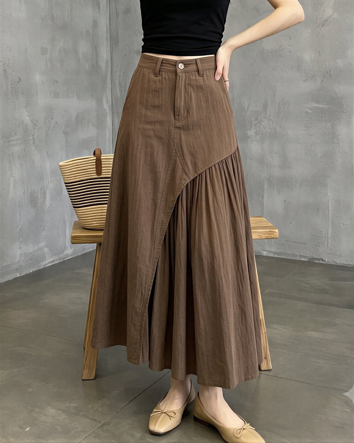「秋季新品 」「兩色」S-XL  不規則拼接壓褶A字長裙