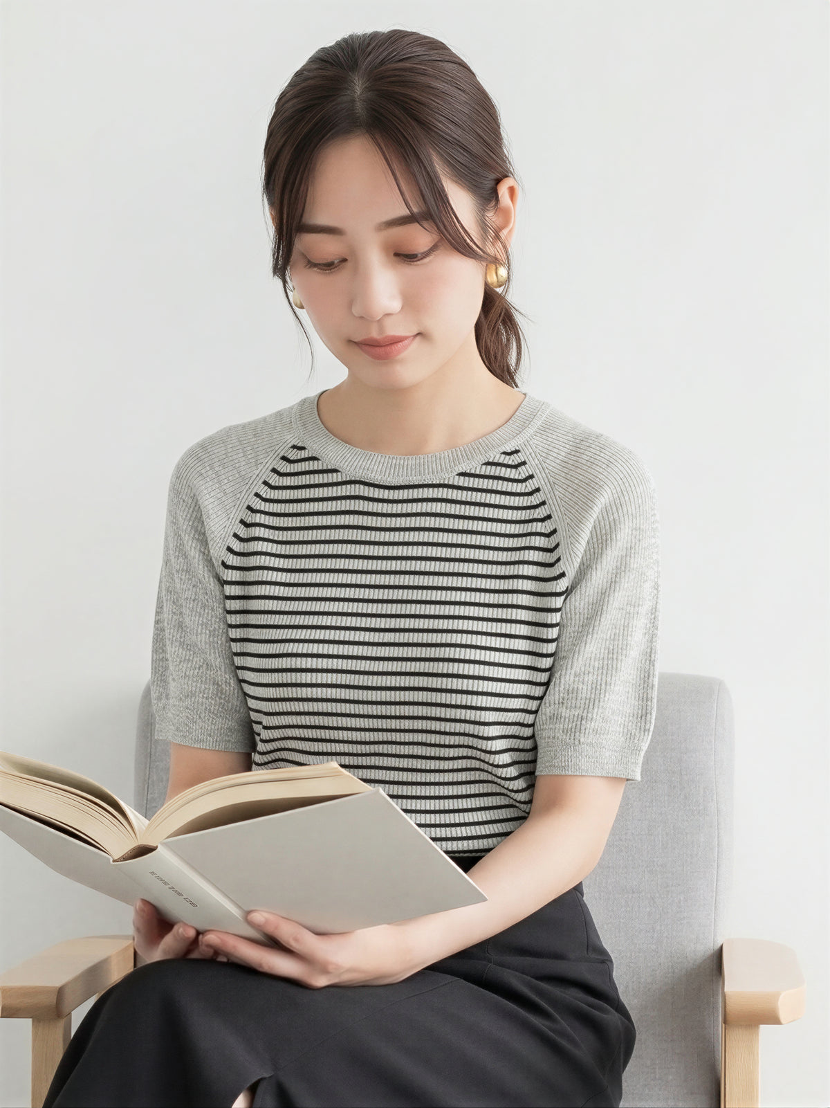 灰色拼接條紋短袖針織衫