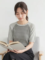 灰色拼接條紋短袖針織衫