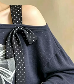 「兩色」M-2XL 露肩蝴蝶結印花長袖T恤