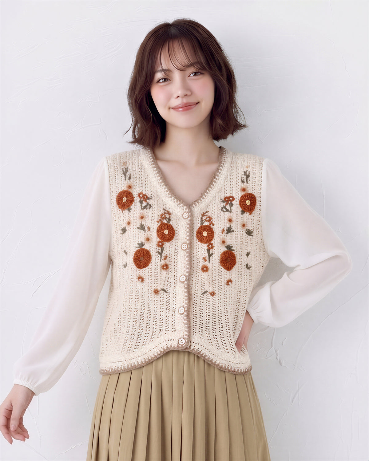 「秋季新品 」花朵刺繡波浪下擺針織衫