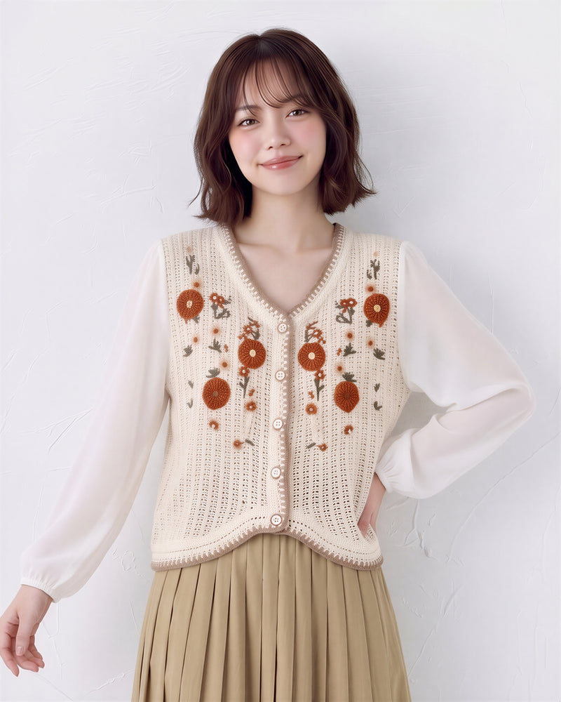 「秋季新品 」花朵刺繡波浪下擺針織衫