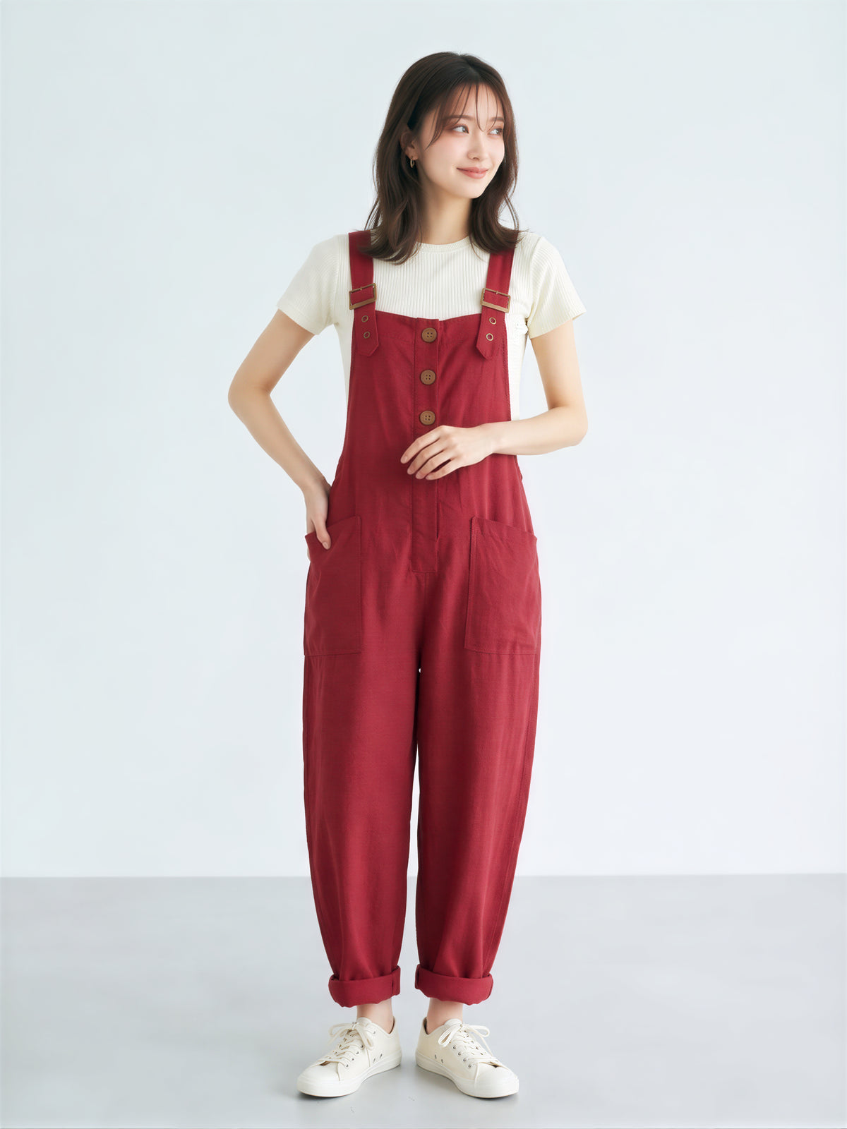 「兩色」S-3XL 寬鬆直筒大口袋吊帶褲