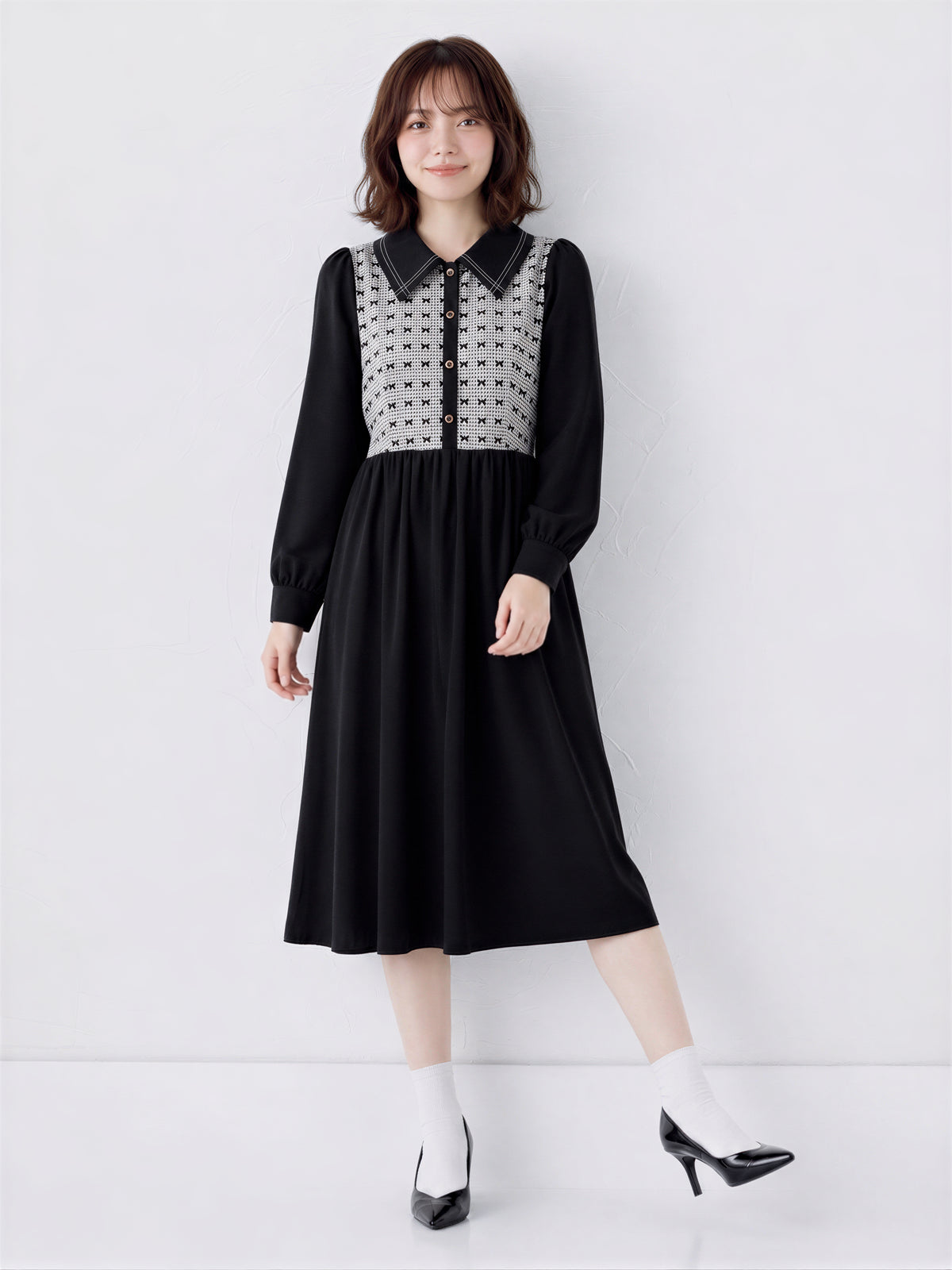 「秋季新品 」S-XL 拼接翻領收腰襯衫長袖洋裝