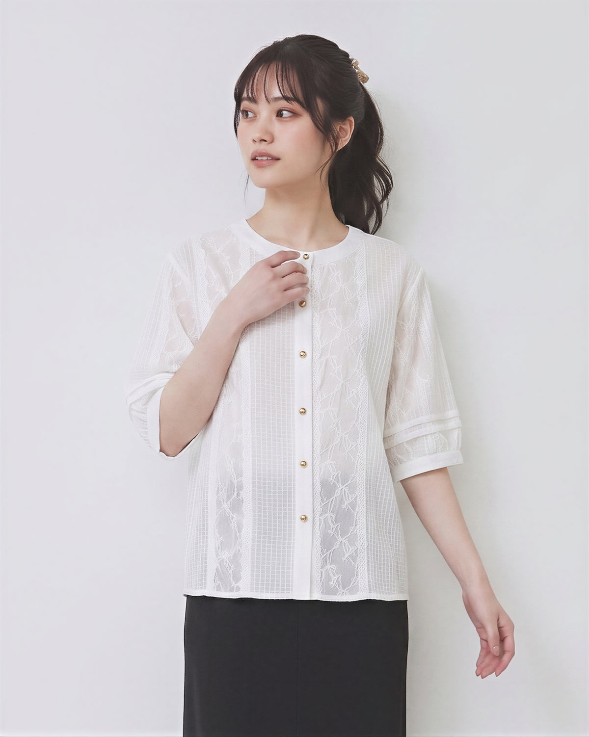 立體肌理圓領五分袖襯衫-白色-2XL