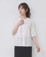 立體肌理圓領五分袖襯衫-白色-2XL