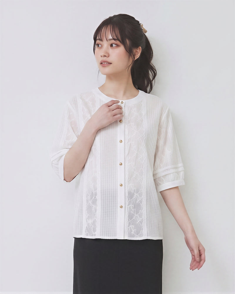 立體肌理圓領五分袖襯衫-白色-2XL