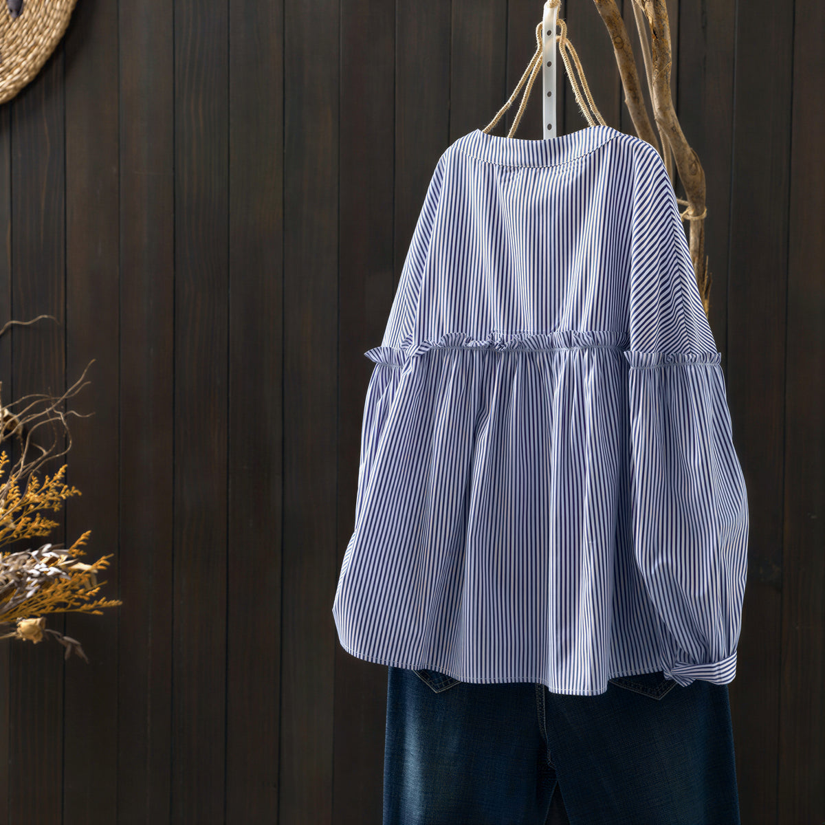「秋季新品 」M-2XL 藍色 精選優質全棉 | 荷葉邊抓皺寬鬆襯衫