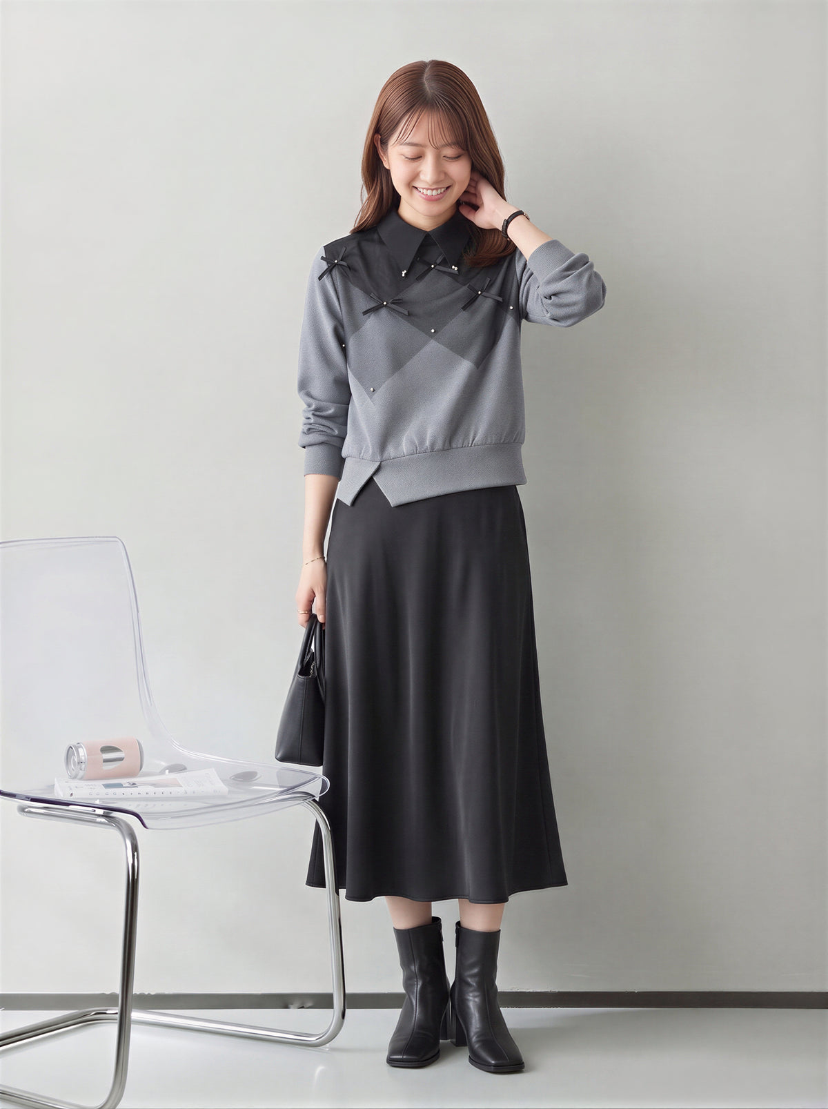 「秋季新品 」S-XL 菱格拼接飄帶翻領衛衣