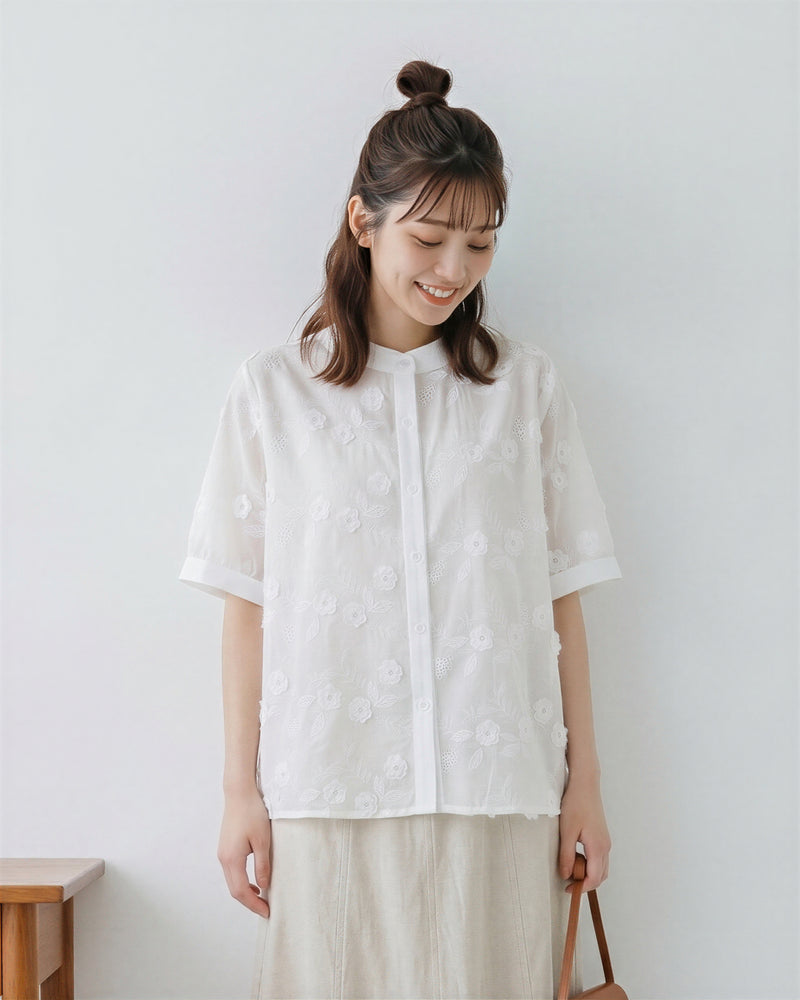立體刺繡圓領寬鬆襯衫
