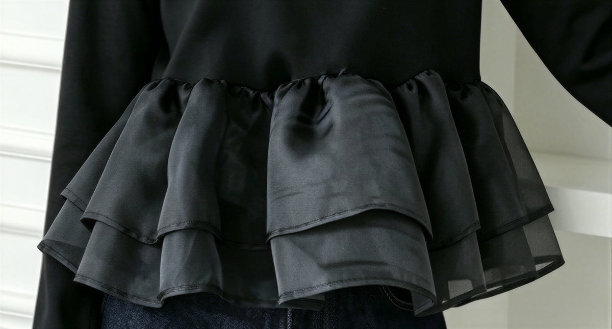 「秋季新品 」「3色」M-L 網紗拼接荷葉下擺假兩件長袖T恤