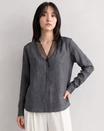 「秋季新品 」S-XL 灰色網紗拼接深V襯衫
