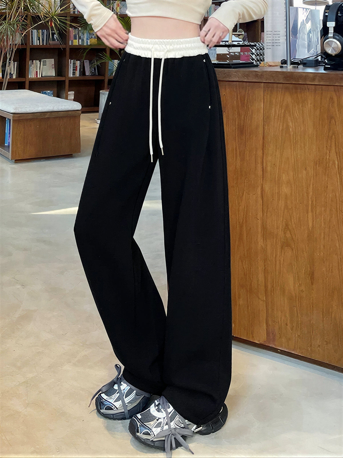 「多色」「秋季新品 」S-2XL 高腰抽繩寬褲衛褲