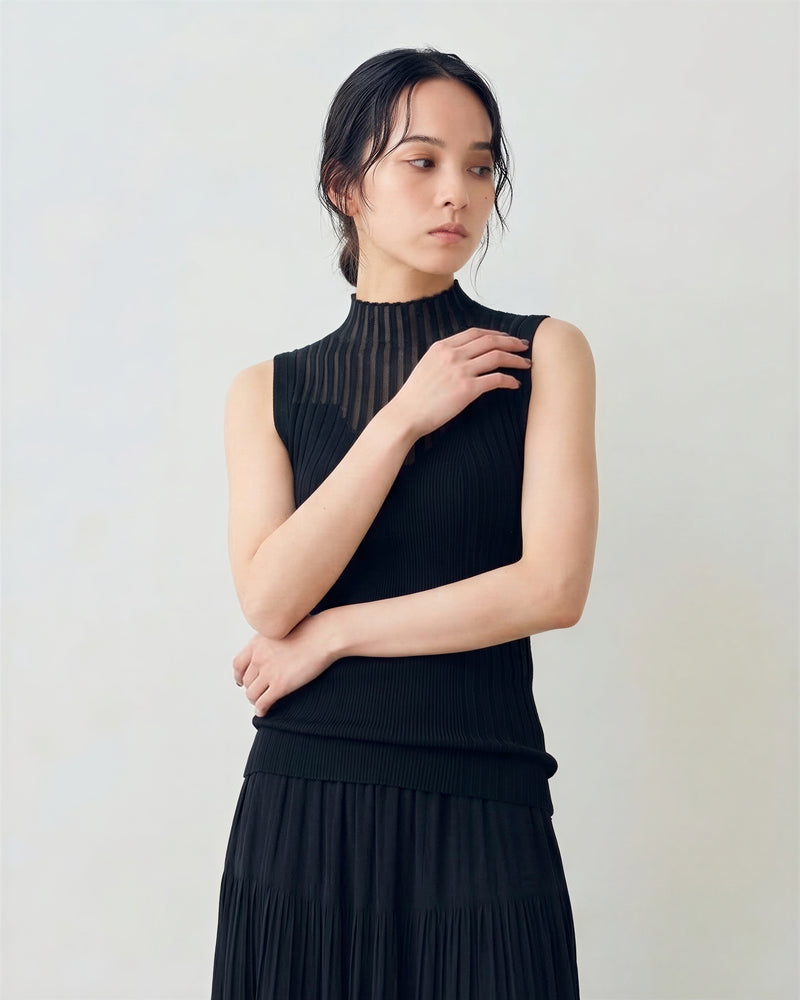 直條透膚半高領收腰針織背心