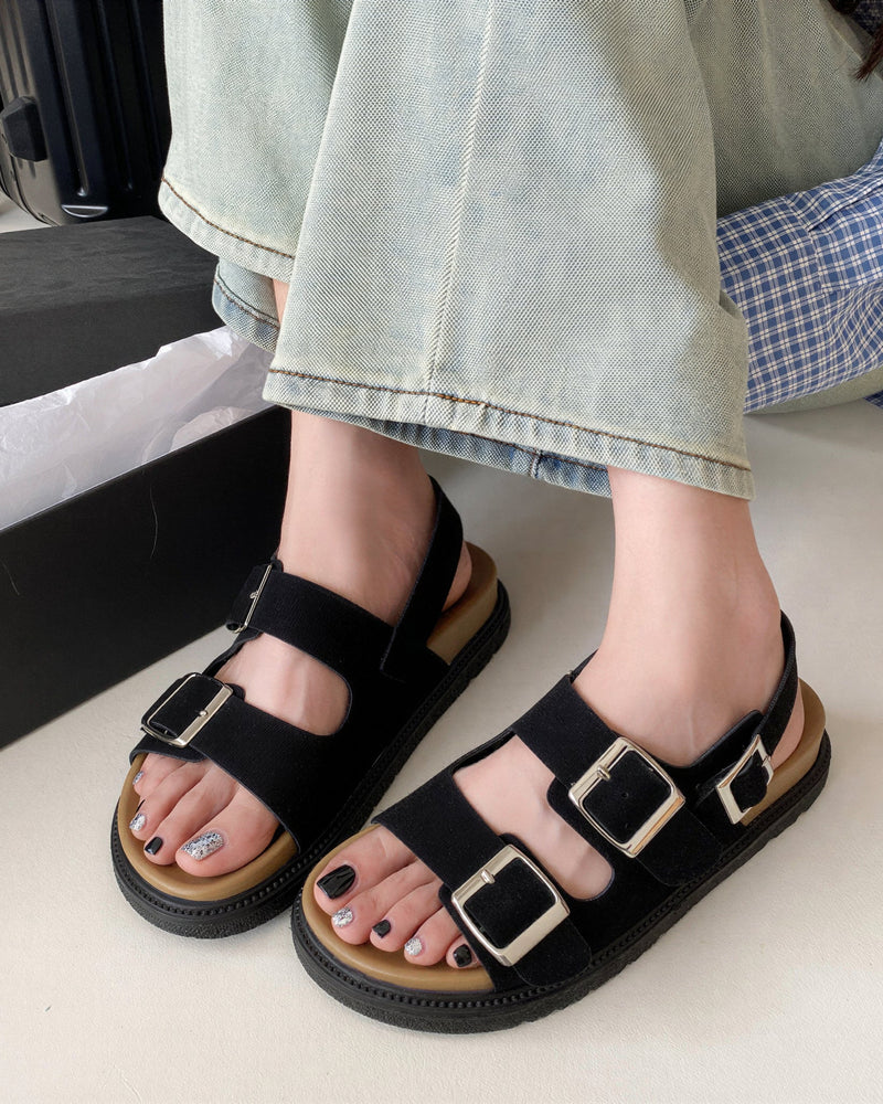麂皮寬帶 金屬雙扣帶涼鞋
