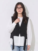 M-2XL 兩件式 個性氣質黑色V領長飄帶 | 背心襯衫
