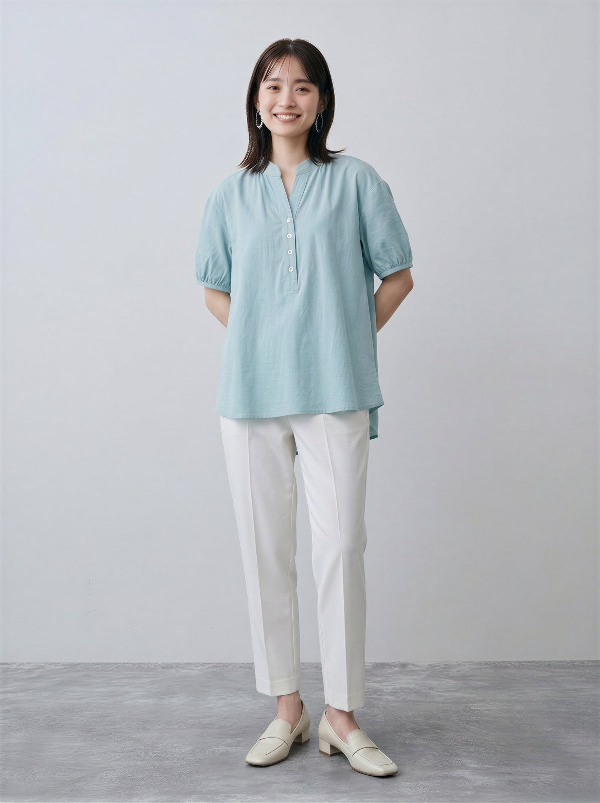 M~2XL 立領半開襟泡泡袖短袖襯衫