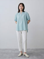 M~2XL 立領半開襟泡泡袖短袖襯衫