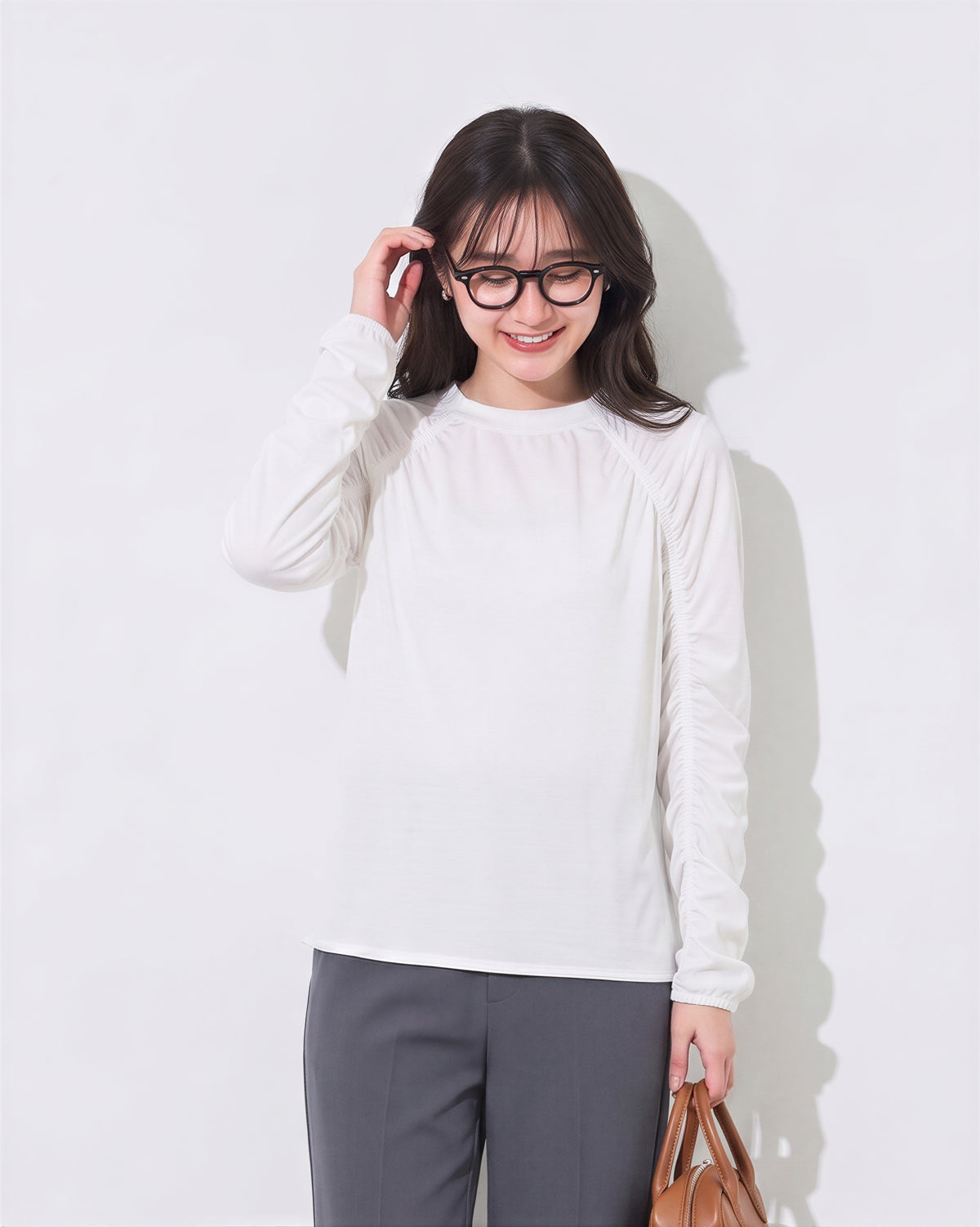 「秋季新品 」「兩色」S-XL 抽皺拼線寬鬆長袖T恤