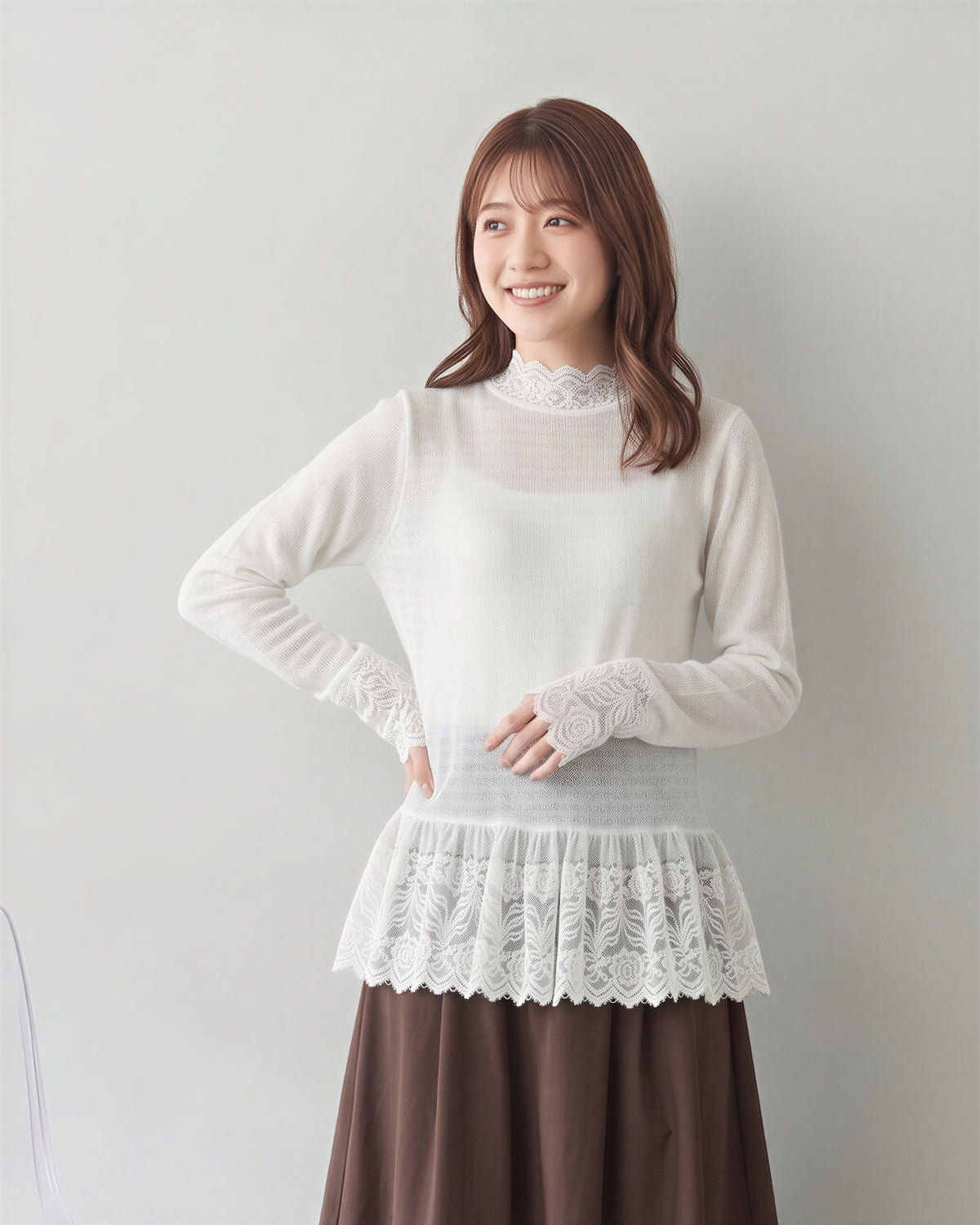 「秋季新品 」 S-XL 白色蕾絲拼接 | 木耳邊疊穿內搭長袖上衣