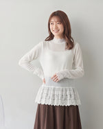 「秋季新品 」 S-XL 白色蕾絲拼接 | 木耳邊疊穿內搭長袖上衣