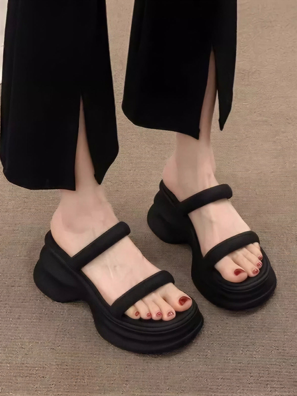 圓頭厚底撞色感 輕量跟高6cm | 女款厚底一字帶涼拖鞋
