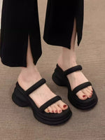 圓頭厚底撞色感 輕量跟高6cm | 女款厚底一字帶涼拖鞋
