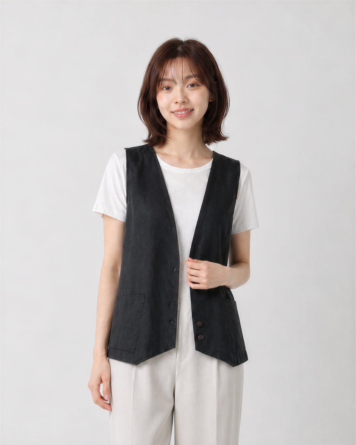 M-2XL 黑色深V排扣寬鬆背心