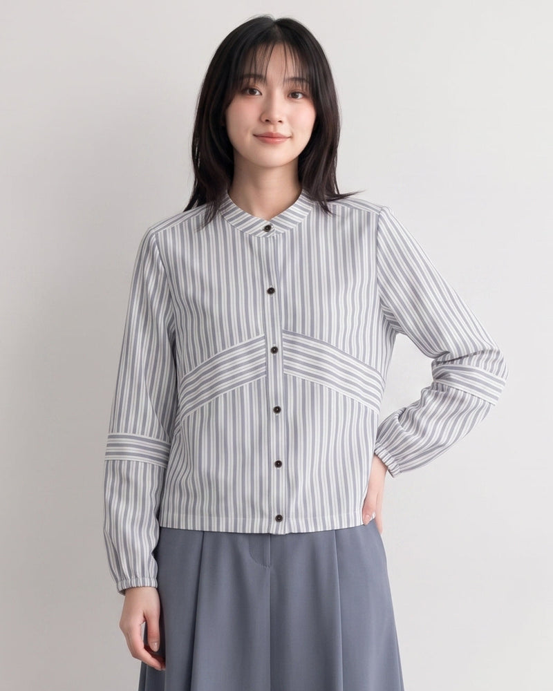 「秋季新品 」 M-XL 純棉甄選 | 條紋拼接燈籠袖襯衫