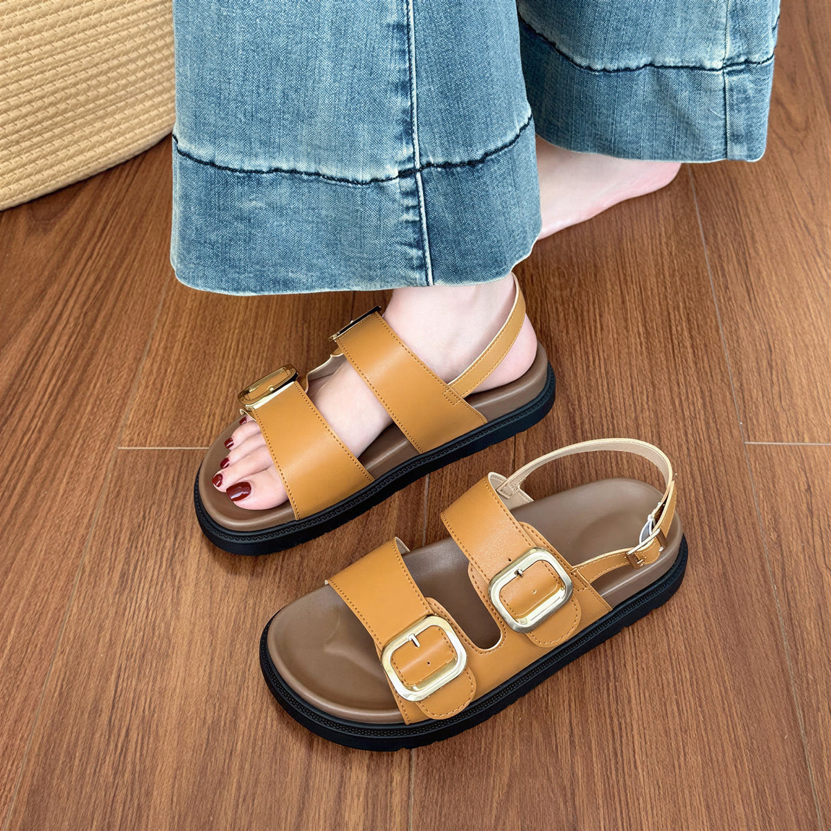 雙扣帶厚底露趾涼鞋