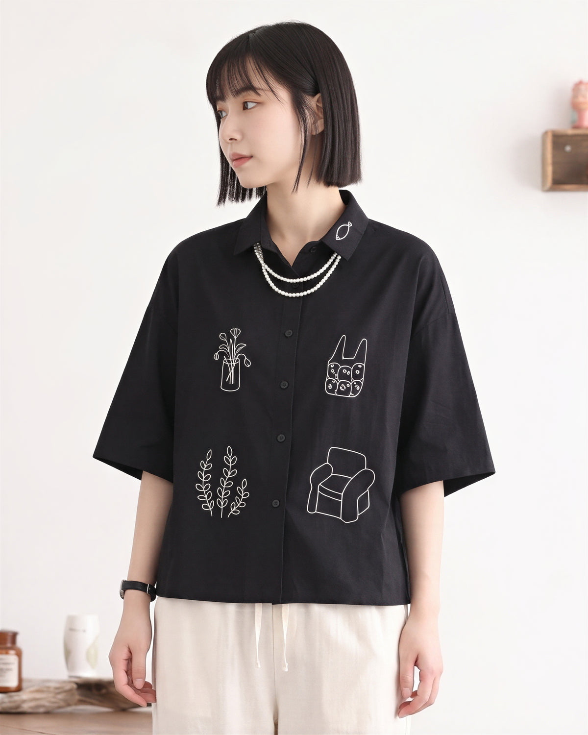「兩色」M-2XL 趣味線描寬鬆短袖襯衫