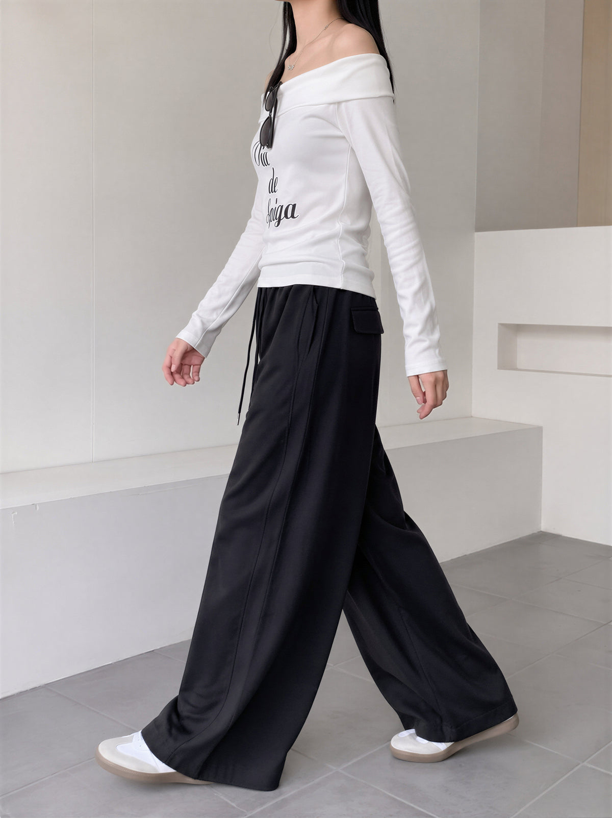 「秋季新品 」「4色」M-XL 高腰抽繩拖地寬褲