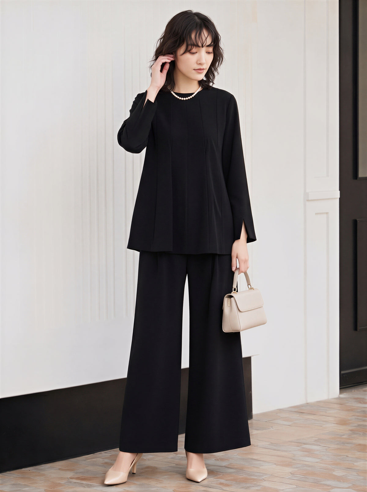 「秋季新品 」S-2XL 品質兩件式 立體褶線寬鬆上衣 + 寬褲兩件式