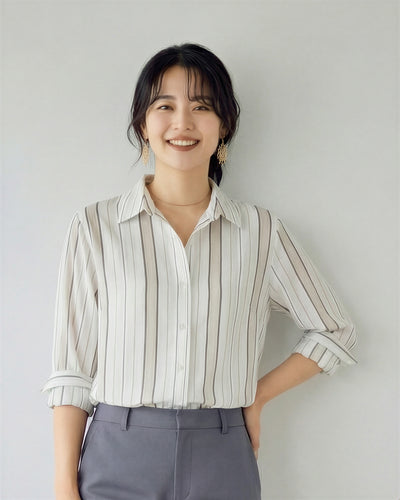 淺米色煙灰條紋 V領通勤襯衫-淺米色 X 煙灰色-XL
