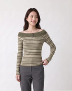 「秋季新品 」S-XL 一字領條紋修身針織衫