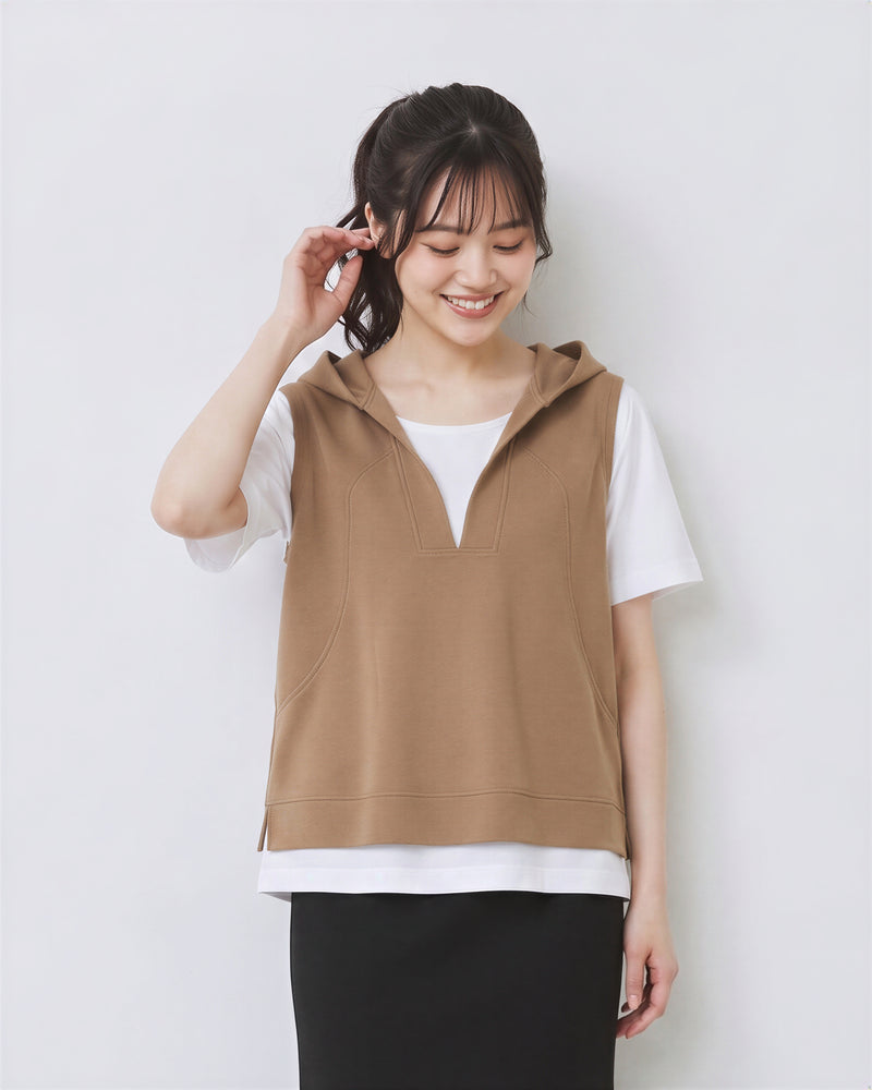 「兩色」M-3XL 連帽V領開衩假兩件T恤