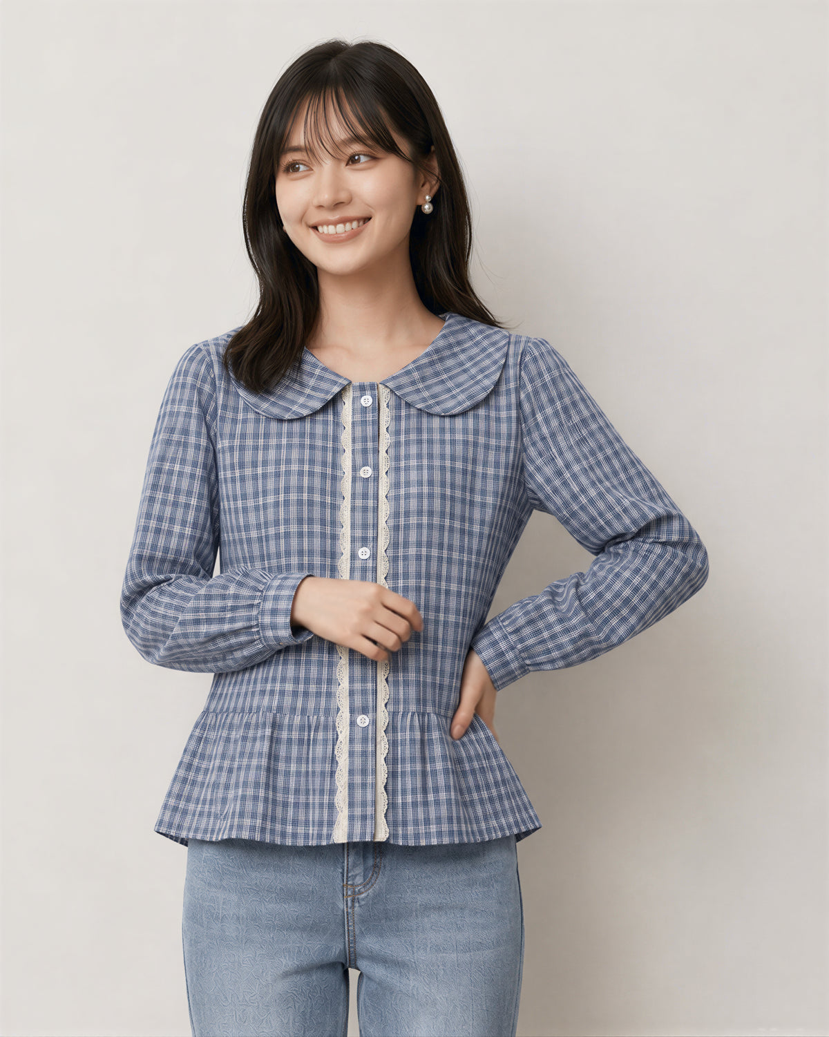 S-XL 淺藍色格紋 | 娃娃領收腰襯衫