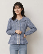 S-XL 淺藍色格紋 | 娃娃領收腰襯衫