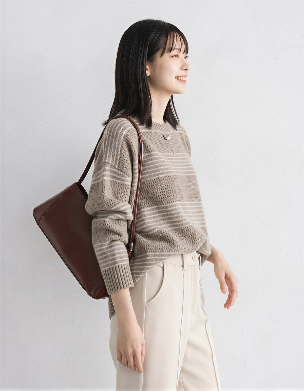 「秋季新品 」「兩色」條紋寬鬆落肩針織衫