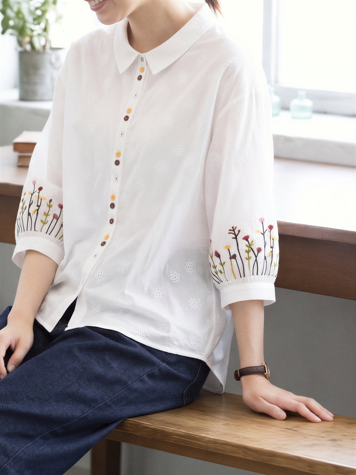 刺繡寬鬆小方領襯衫-白色-2XL