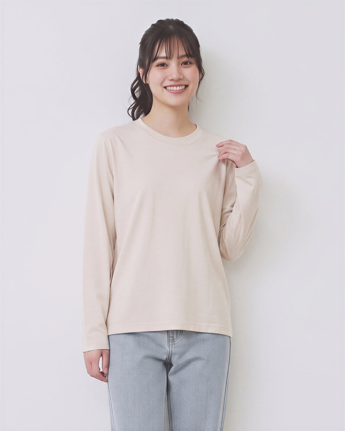 圓領落肩寬鬆長袖T恤-米色-4XL