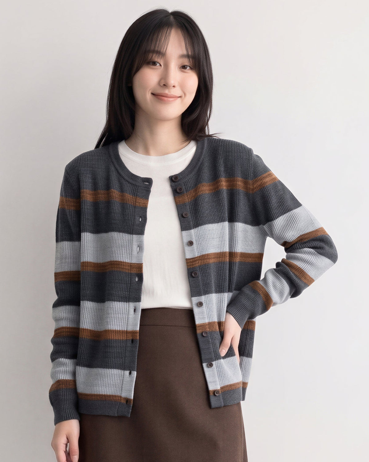 「秋季新品 」「兩色」圓領條紋撞色針織開襟衫